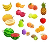 Cartoon fruits vector pineapple, peach and banana, pomegranate and pear. Watermelon, melon, kiwi and lime, lemon, apricot and orange, apple with grapefruit and prune. Natural ripe fresh fruits icons