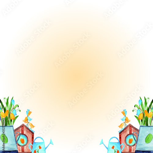 Watercolor Background with Flowers Pot Decoration