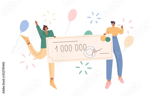 Joyful man and woman holding bank check for million vector flat illustration. Happy couple winner of grant or lottery gain surrounded by air balloon and firework isolated on white background