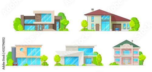 Houses, cottages, villas and bungalow isolated vector icons set. Residential home buildings, real estate cartoon exterior facades, family home architecture, house or mansion apartments, urban property