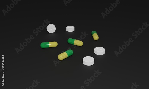 Принти на полотні 3D rendering of yellow and green two piece capsules and white tablets or pills lying on the surface of a black background