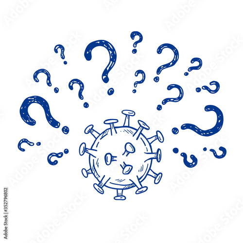 Hand drawn illustration with question marks about coronavirus infection, covid-19 treatment researching