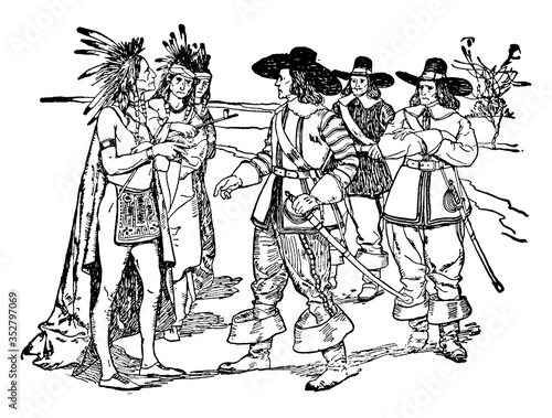 European settlers, vintage illustration.