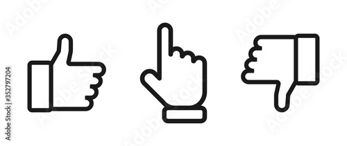 Thumbs up and down with pointing finger. Like and dislike vector icons, isolated. Like or Thumb up and down with pointing finger in linear design. Thumb up. Like. Dislike icon. Vector illustration