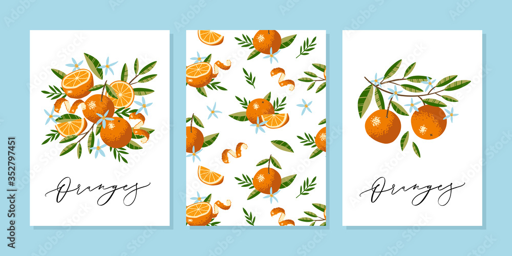 Vector greeting card or wedding invitation template with Oranges, Flowers and Leaves in hand drawn style with vector calligraphy text.