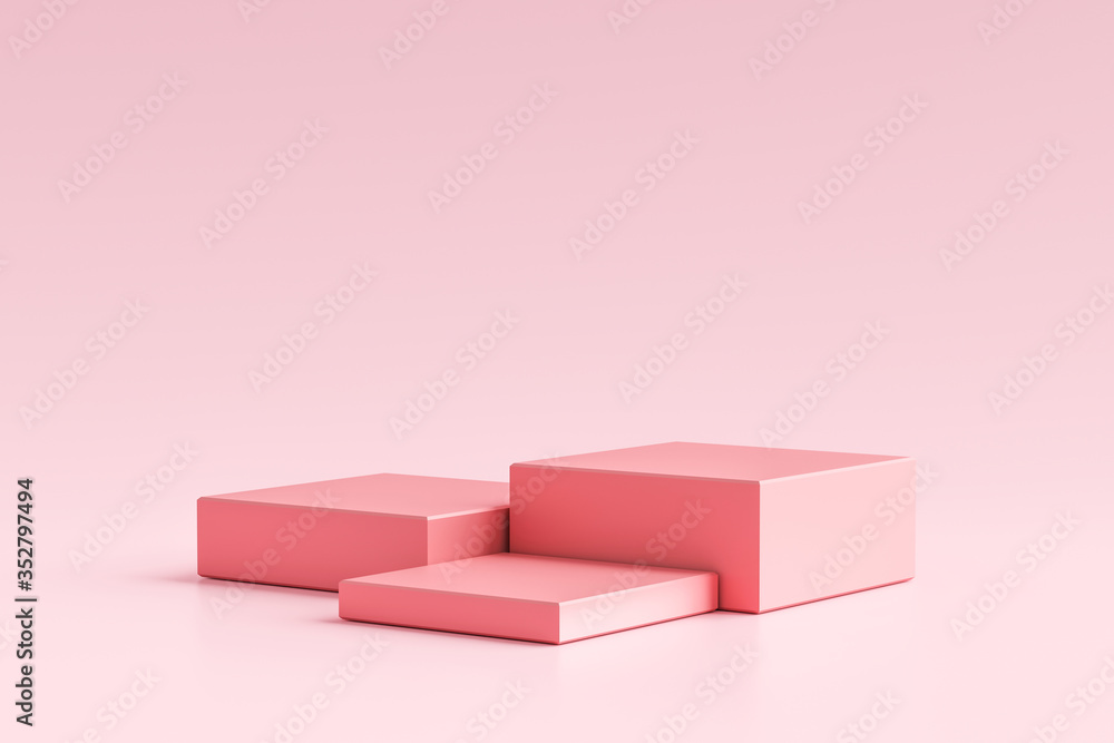 Pink product display or showcase pedestal on simple background with cube stand concept. Pink studio podium or platform product template. 3D rendering. - obrazy, fototapety, plakaty 