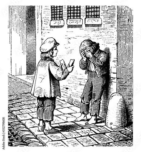 Two boys, vintage illustration.