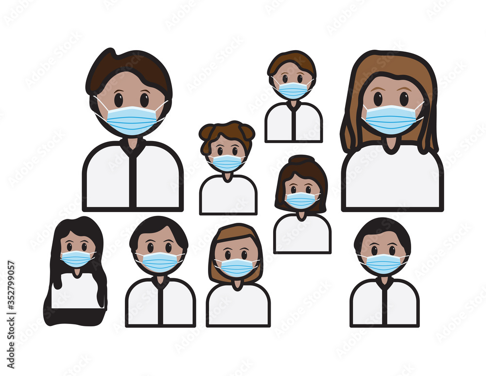 Set of cartoon kids wearing surgical face masks on White background Set of cartoon kids wearing surgical face masks on White background