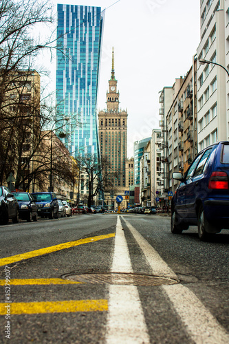Street view of the Palace of Culture and Science in Warsaw, Poland