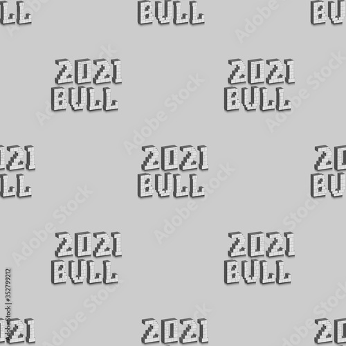 Seamless pattern with clipping mask. 3d inscription 2021 bull with shadows, staggered EPS10