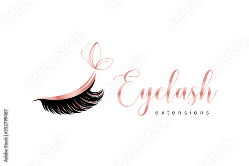 Eyelash extension logo. Makeup with rose gold butterfly. Vector illustration in a feminine style