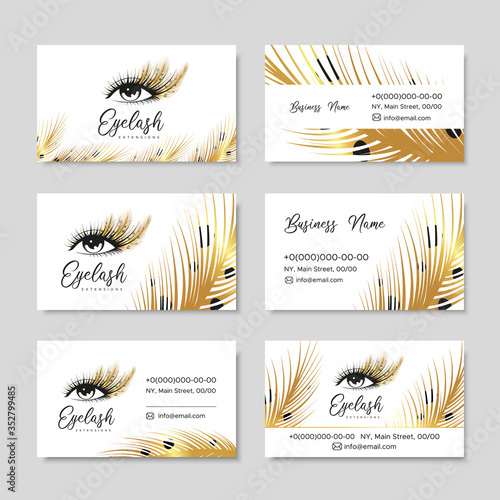 Branding for salon eyelash extension, cosmetic products, lashes artist, stylist. Logo and business card. Design with Golden feathers. Vector illustration in modern style
