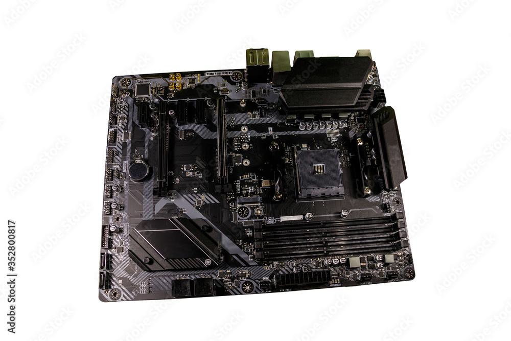 Modern computer motherboard isolated on white background. Electronic  computer hardware technology Stock Photo | Adobe Stock