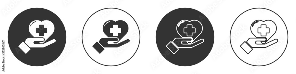 Black Heart with a cross icon isolated on white background. First aid. Healthcare, medical and pharmacy sign. Circle button. Vector Illustration Black Heart with a cross icon isolated on white background. First aid. Healthcare, medical and pharmacy sign. Circle button. Vector Illustration