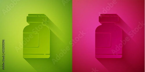 Paper cut Sports nutrition bodybuilding proteine power drink and food icon isolated on green and pink background. Paper art style. Vector Illustration