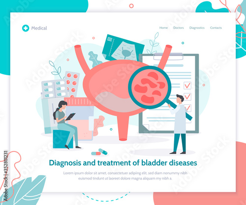 Diagnosis and treatment of bladder diseases. Creative landing page design template. Medical flat vector illustration.