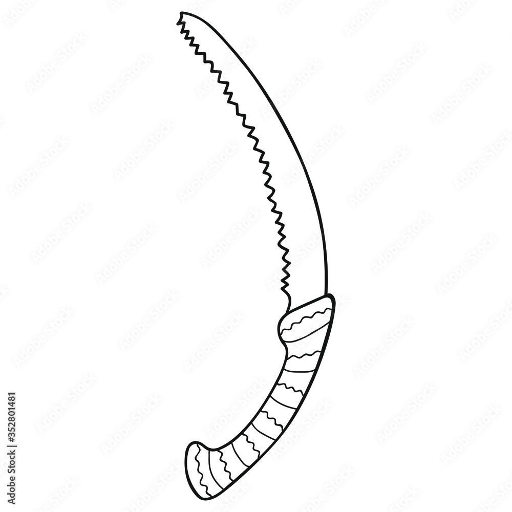 Black and white hand-drawn garden saw. Camping hacksaw. Vector. Black and white hand-drawn garden saw. Camping hacksaw. Vector.