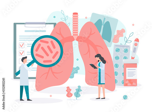 Diagnosis and treatment of lung diseases. Lungs health. Medical concept with tiny people. Flat vector illustration.