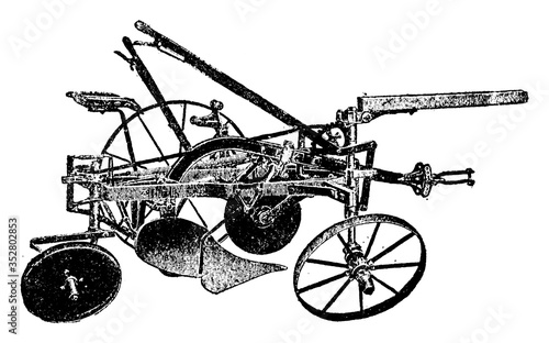 Frame Riding Plow, vintage illustration.