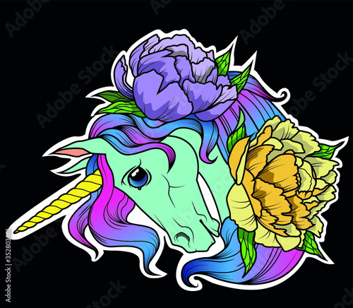 Sweet blue unicorn magic vector horse with rainbow hair and peony. Sticker.