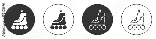 Black Roller skate icon isolated on white background. Circle button. Vector Illustration