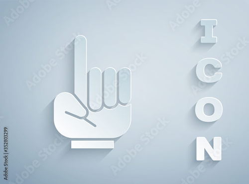 Paper cut Number 1 one fan hand glove with finger raised icon isolated on grey background. Symbol of team support in competitions. Paper art style. Vector Illustration