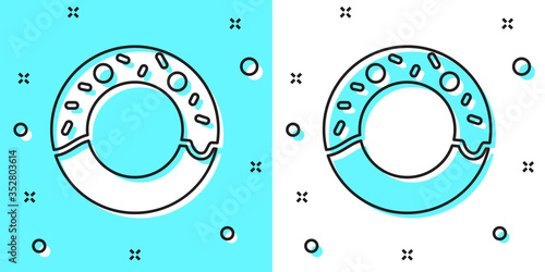 Black line Donut with sweet glaze icon isolated on green and white background. Random dynamic shapes. Vector Illustration