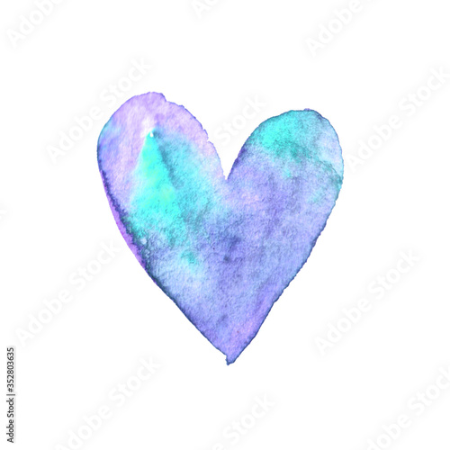 Watercolor big blue purple Heart love. Valentines day background texture. Hand drawn