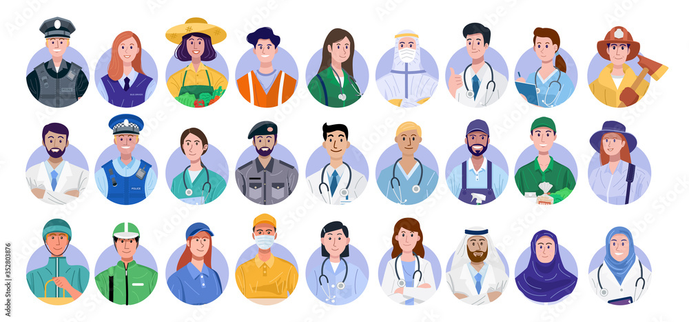Set of essential workers avatar isolated on white background. vector Set of essential workers avatar isolated on white background. vector