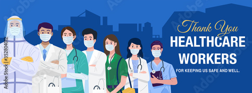 Frontline heroes, Illustration of doctors and nurses characters wearing masks. Vector