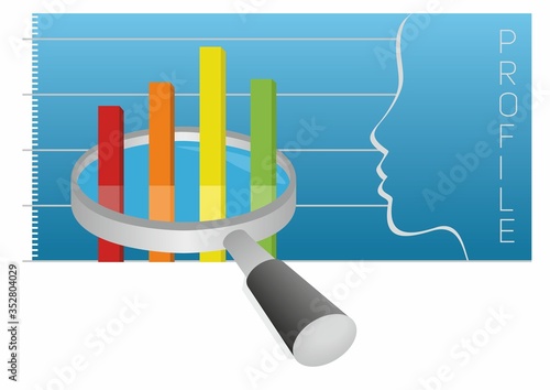 Analyze. Magnifying glass, diagram and profile. Vector illustration.