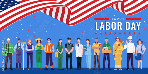 Happy Labor Day. Various occupations people standing with American flag. Vector