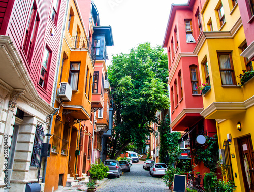 Historical, Old, Colorful Houses in Kuzguncuk, classic Ottoman wooden architecture in Kuzguncuk ,Istanbul, Turkey.