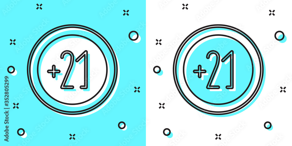 Black line Alcohol 21 plus icon isolated on green and white background. Prohibiting alcohol beverages. Random dynamic shapes. Vector Illustration Black line Alcohol 21 plus icon isolated on green and white background. Prohibiting alcohol beverages. Random dynamic shapes. Vector Illustration