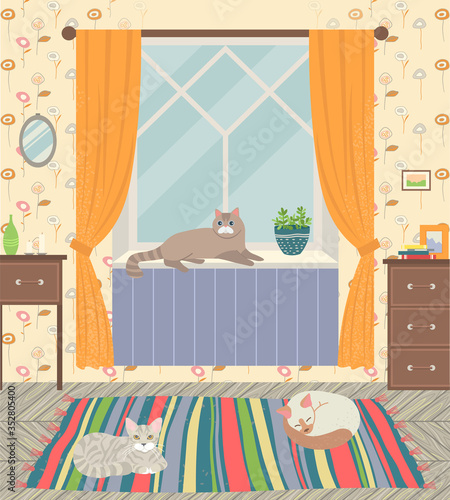 Living room vector, home decor flat style. Cats sleeping on carpet on floor, window with curtains, mirrors and wooden drawers. Design of place, drawers of wood with vase and picture