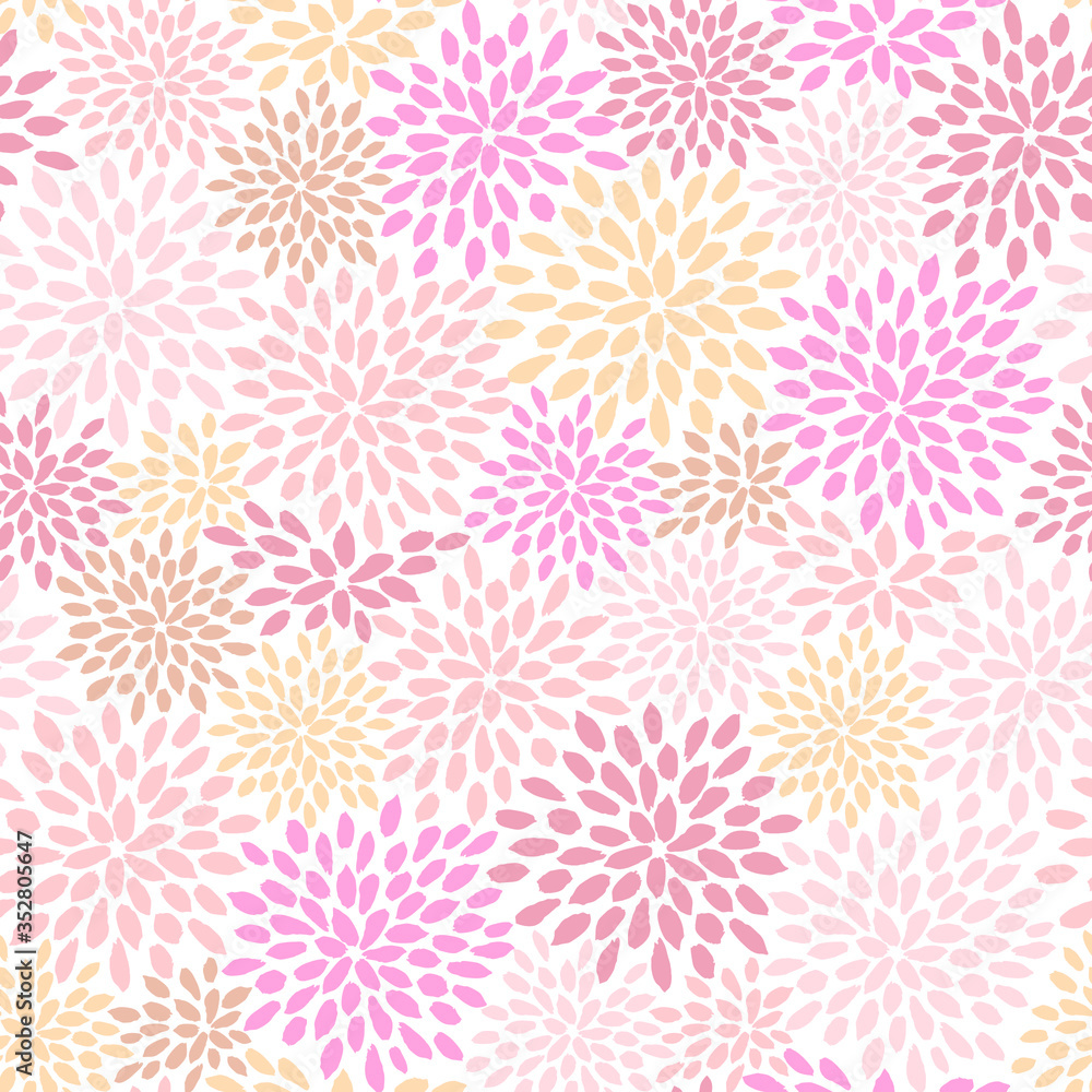 Abstract floral watercolor seamless pattern with pink flower petals on white background. Hand drawn vector watercolor botanical ornament, painting for textile print, gift wrap, invitations, cards.