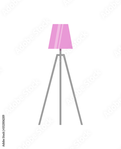 Pink lamp on tripod, illuminated antique torchere standard-lamp isolated. Vector piece of furniture, decorative bright lighting equipment, cartoon style