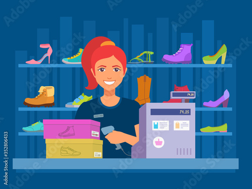 A girl cashier holds a handheld barcode scanner, scans shoe box. Boots shop. Footwear selling. Saleswoman smiling, checks out purchases. The cash register in a store. 