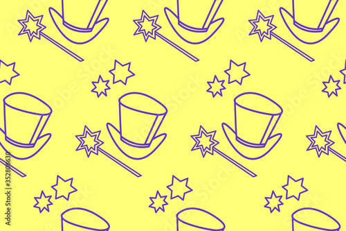 Seamless pattern with Icon, symbol of a magician, wizard or conjurer. Top hat, shiny magic wand. Yellow purple pink vector texture. Party poster, advertising, banner, placard design template