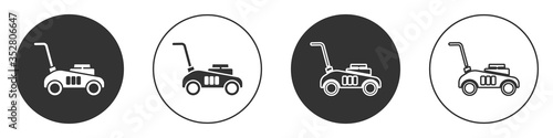 Black Lawn mower icon isolated on white background. Lawn mower cutting grass. Circle button. Vector Illustration