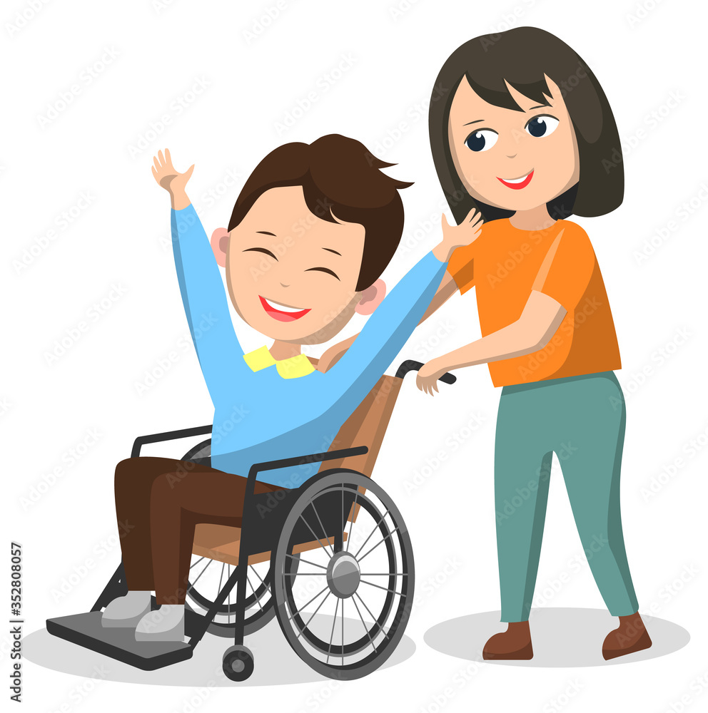 Children charity club, boy and girl happy kids. Schoolboy sitting in wheelchair, disabled character in circle rehabilitation style. Vector illustration in flat cartoon style Children charity club, boy and girl happy kids. Schoolboy sitting in wheelchair, disabled character in circle rehabilitation style. Vector illustration in flat cartoon style