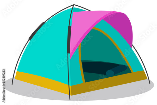 Green tent for camping or hiking. Shelter consisting of sheets of fabric draped over, attached to supporting rope. Place to sleep in trip on vacation. Sleeping pad inside booth, vector illustration