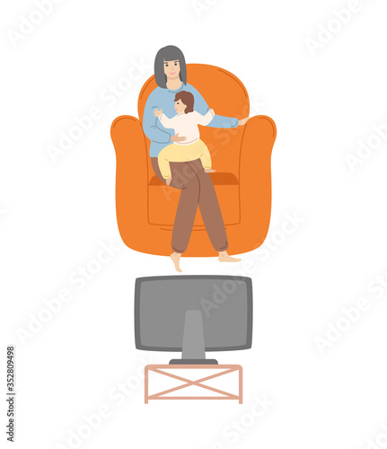 Woman watching tv with child vector, person with kid spending time in family circle, comfortable and fluffy armchair, toddler with mom flat style leisure