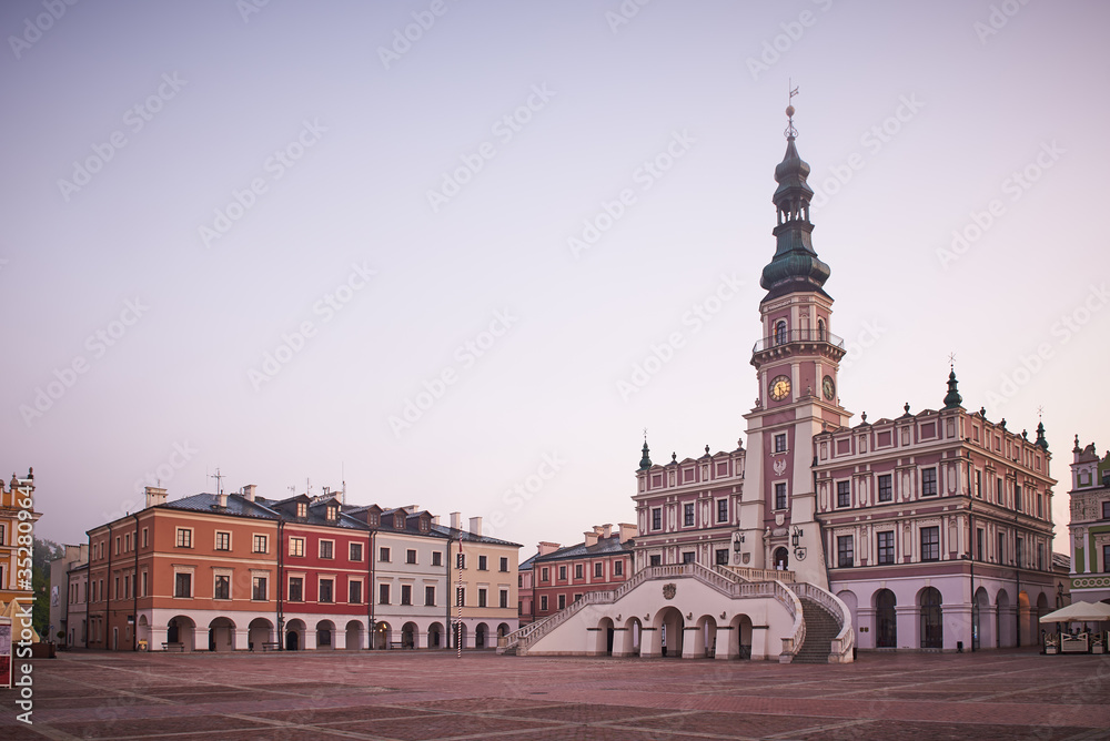 The old town of Zamość in the rays of the rising sun