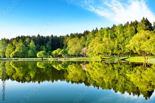 Canvas Print russian countryside landscape on early morning against blue sky background