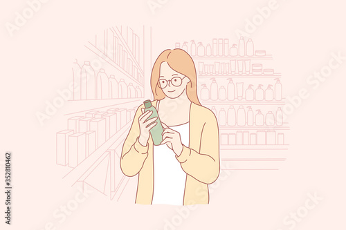 Shopping, beauty, eco cosmetics concept. Young happy woman shop assistant or buyer cartoon character holding bottle of toiletry assortment in shop. Skincare and ecological makeup products choosing.