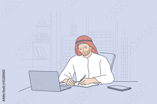 Arab man working in office concept. Sad unhappy arabic businessman muslim clerk manager cartoon character sitting at laptop in a modern office wearing traditional attire. Mental stress fatigue at work