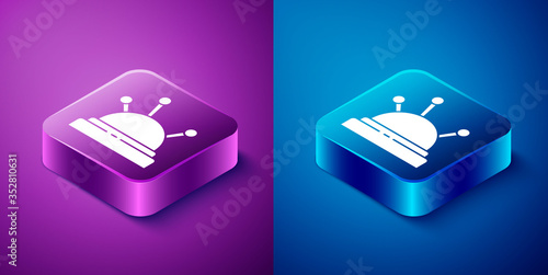 Isometric Needle bed and needles icon isolated on blue and purple background. Handmade and sewing theme. Square button. Vector Illustration