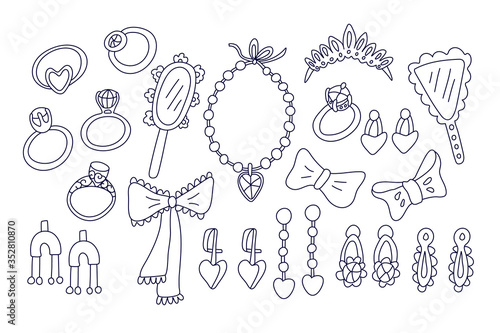 Set of accessories for girls. Bowknots, rings, earrings, diadem, hand mirrors, necklace with shaped heart stone in doodle style. Hand drawn vector illustration in black ink isolated on white.  