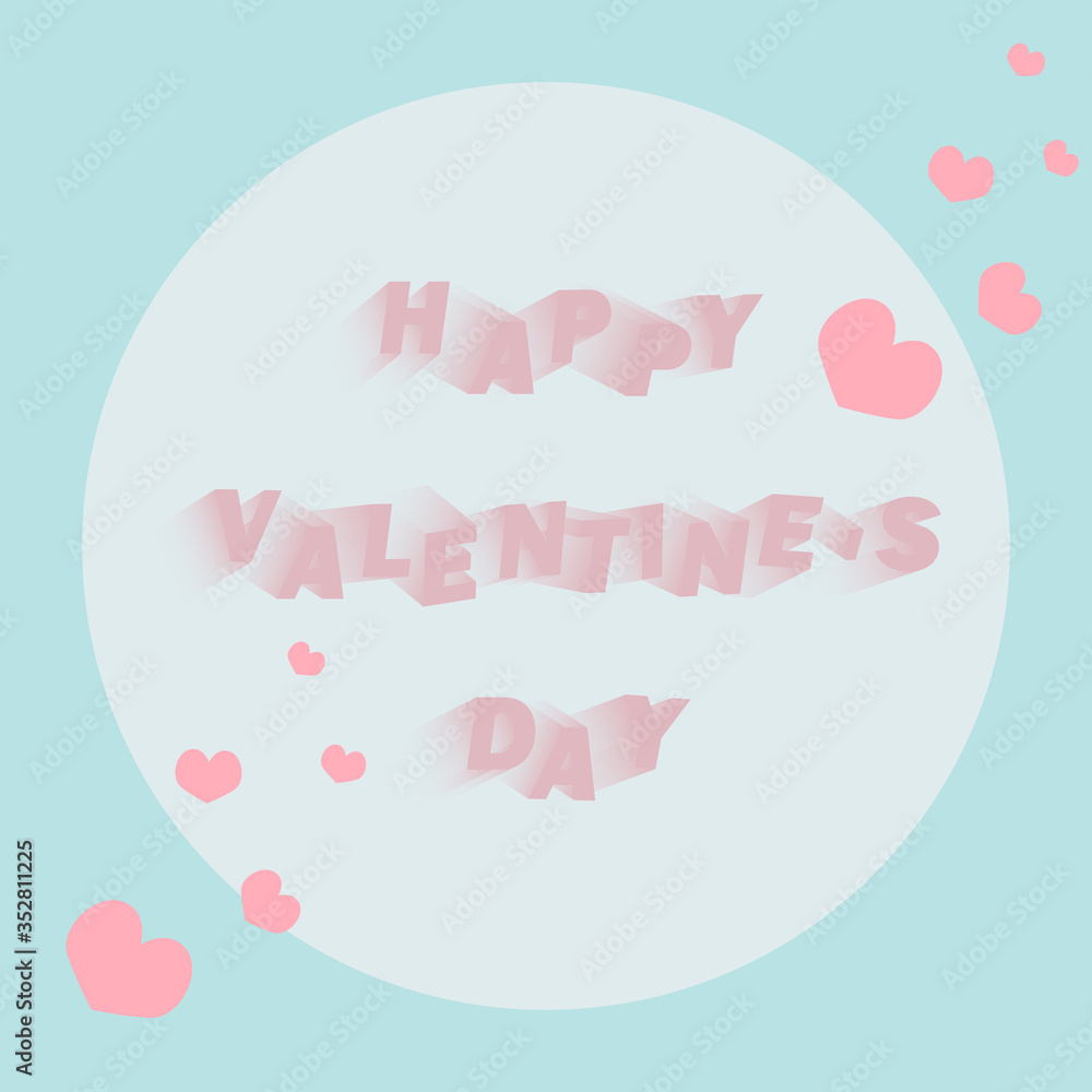 Happy valentines day 3d text in blur style. Blue background with pink hearts
